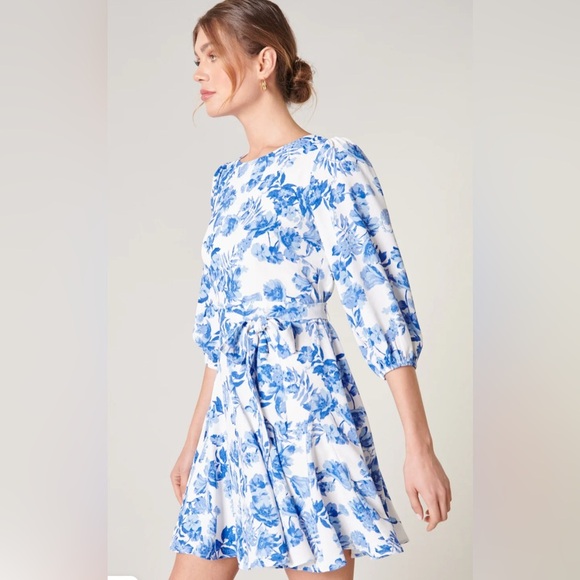 SUGARLIPS Antoinette Blue Floral Balloon Sleeve Derby Dress SIZE MED - Picture 5 of 14